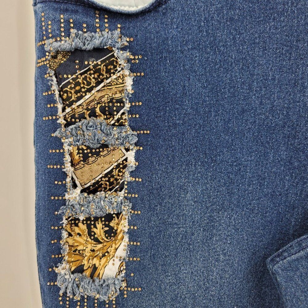 A.Z.I Womens Distressed Skinny Jeans Sz 10 Stretch Blue Denim Gold Patchwork - Picture 2 of 10